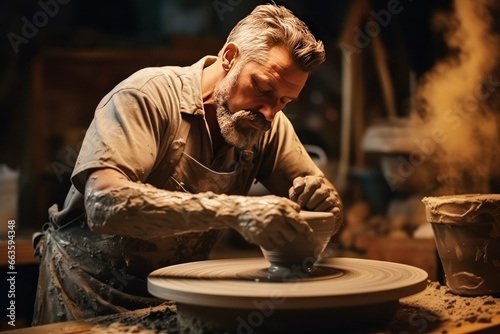 Professional potter sculpting clay on wheel, craftsmanship and artistry theme photo