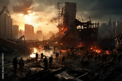 Post-apocalyptic city, survivors forging new beginnings amidst the ruins