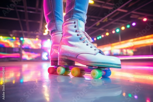 Retro 1980s roller skating rink, disco lights, and funky fashion vibes. photo