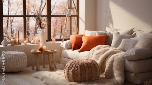 Hygge-Style Scandinavian Home Interior with Knitted Pouf, Soft Blanket, and Terra Cotta Pillows, Cozy Comfort in Modern Living