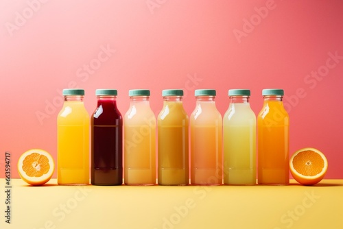 Vibrant detox juice with various flavors in plastic bottles on a soft orange backdrop. Generative AI