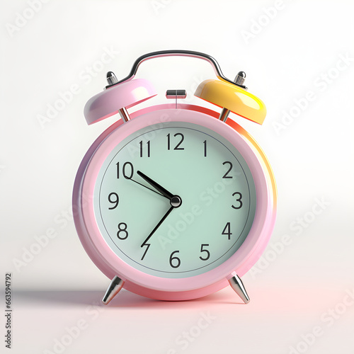 Beautiful, bright pastel colored alarm clock on a white background.