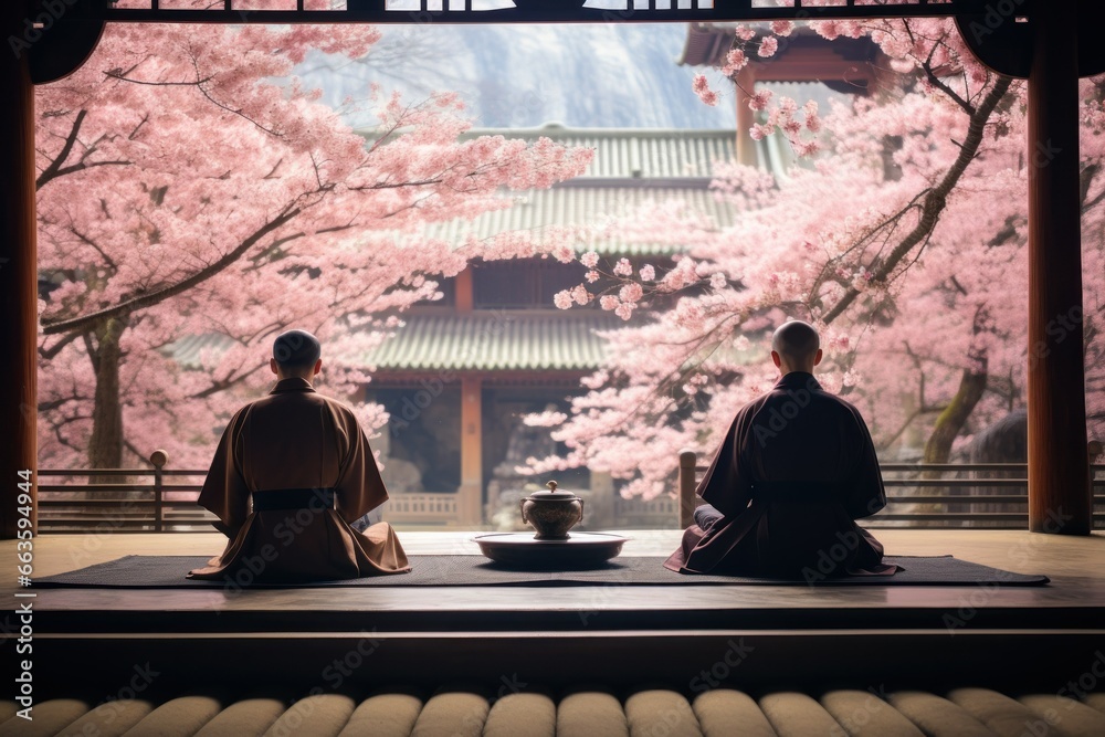 Naklejka premium Timeless Kyoto temple during cherry blossom season, monks in contemplative meditation.