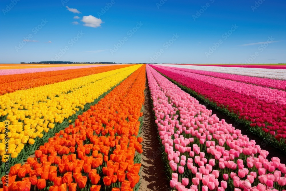 Tulip fields in full bloom in the Netherlands, a vibrant carpet of colors.