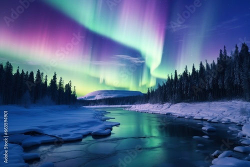 Spectacular Northern Lights in Lapland, nature's light show in polar nights. © Bijac