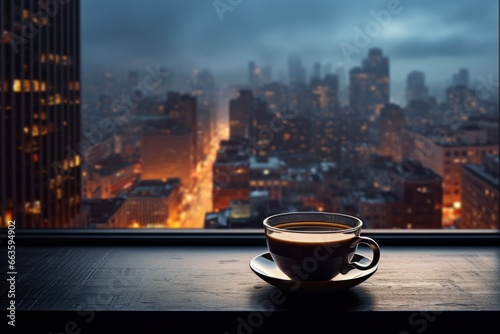 Steaming cup of tea on a window sill, overlooking a rainy cityscape, a moment of tranquility.