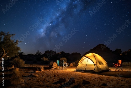 Starry night camping in a desert, with clear Milky Way arching overhead.