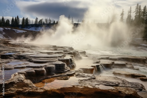 Steaming geysers in Yellowstone, nature's spectacular show of power and beauty.