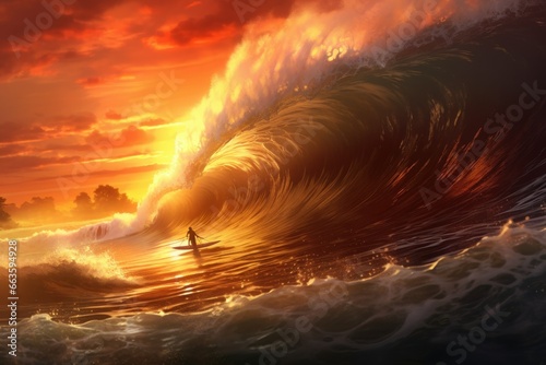 Surfer catching a massive wave at sunrise, embodying the spirit of adventure.