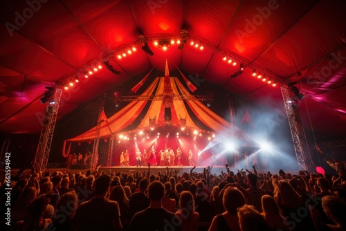 Thrilling circus under a starlit big top, acrobats and magicians dazzling the audience.