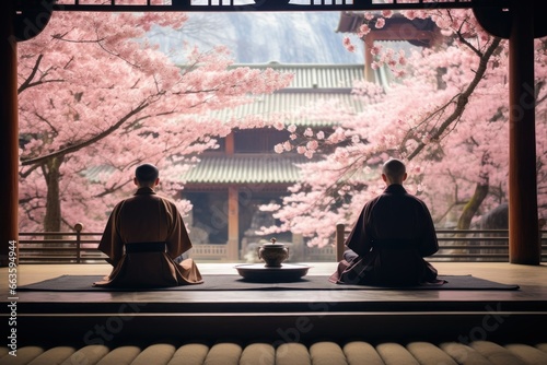 Timeless Kyoto temple during cherry blossom season, monks in contemplative meditation.