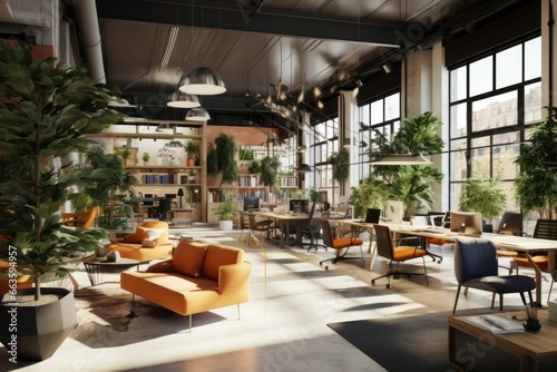 Trendy co-working space with freelancers interacting, plants, and contemporary furniture.