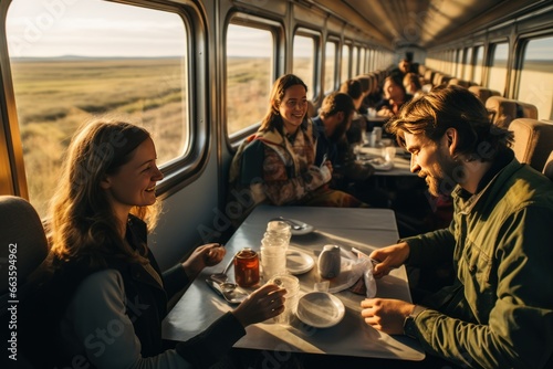 Trans-Siberian railway journey, passengers sharing stories as they traverse diverse landscapes. © Bijac