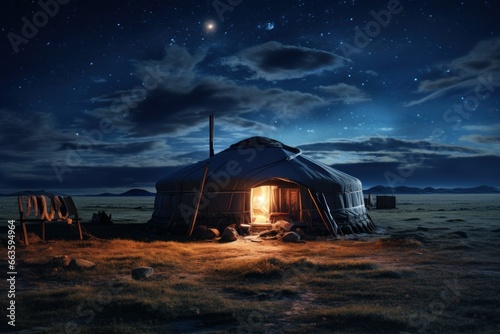 Traditional Mongolian yurt under starry skies, nomadic life in vast open steppes.