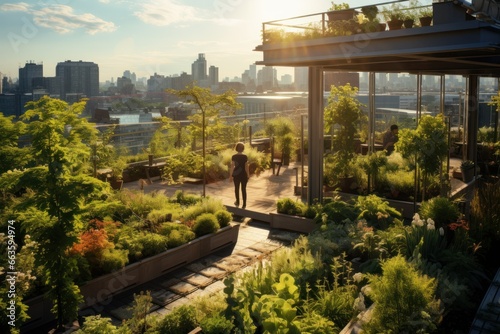 Urban rooftop garden with sustainable greenery, showcasing eco-friendly living in cities. #663594974