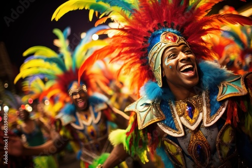 Vibrant Mardi Gras parade in Rio, samba rhythms filling the carnival air.