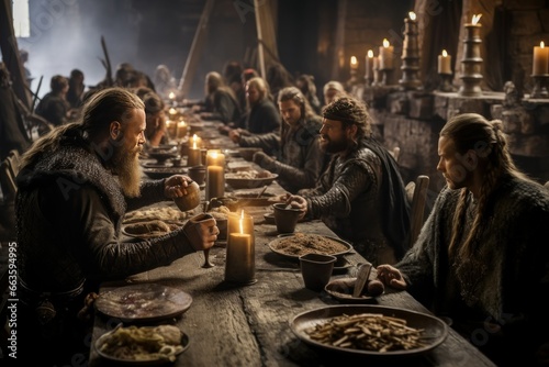 Viking feast in a great hall, warriors sharing tales of sea monsters and treasures. photo
