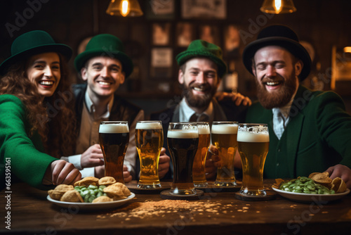 Group of friends celebrating St Patrick's Day at a bar, dressed with green costumes and drinking beer, joyful, cheerful