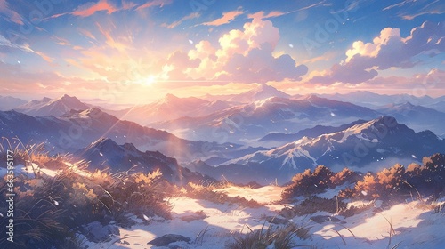 ［AI生成画像］雪山、山頂の風景、晴れ1