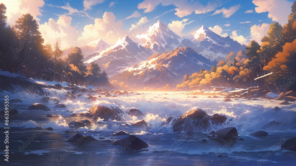 ［AI生成画像］雪山、川の風景、晴天5