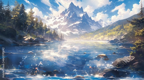 ［AI生成画像］雪山、川の風景、晴天2 © 孝広 河野