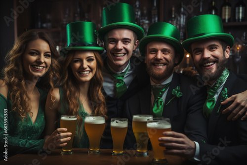 Group of friends celebrating St Patrick's Day at a bar, dressed with green costumes and drinking beer, joyful, cheerful