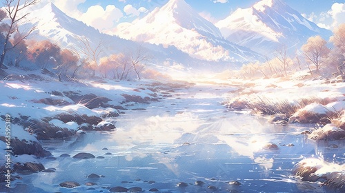 ［AI生成画像］雪山、川の風景、晴天13 photo