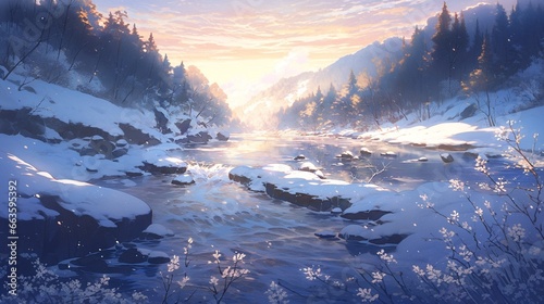 ［AI生成画像］雪山、川の風景、晴天9