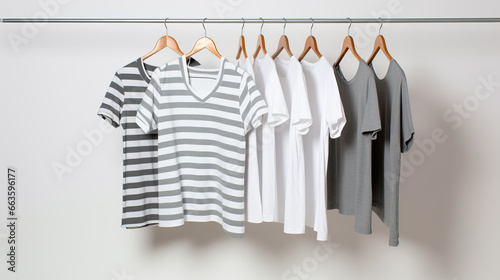 Casual white and grey t-shirts on a rod. Striped and plain casual clothes on wooden hangers, on white background.