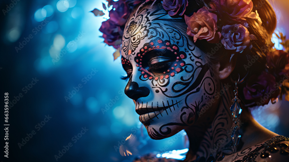 Woman with fluor sugar skull makeup celebrating Halloween party. Beautiful model with Santa muerte makeup. Sugar skull for Day of the Dead festival in Mexico or Dia de los Muertos, copy space