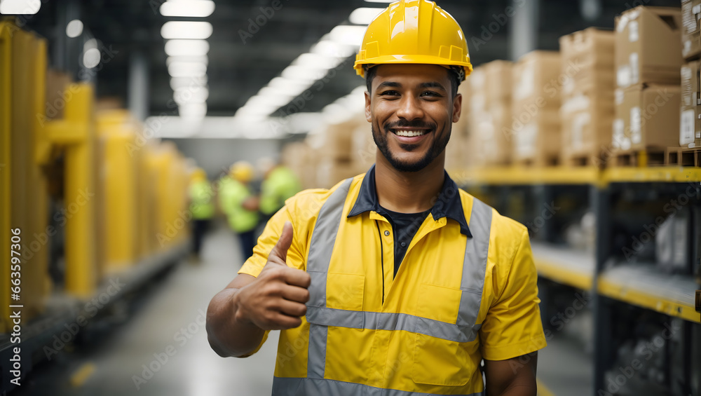 portrait of a distribution center worker with yellow helmet portrait of a distribution center worker with yellow helmet