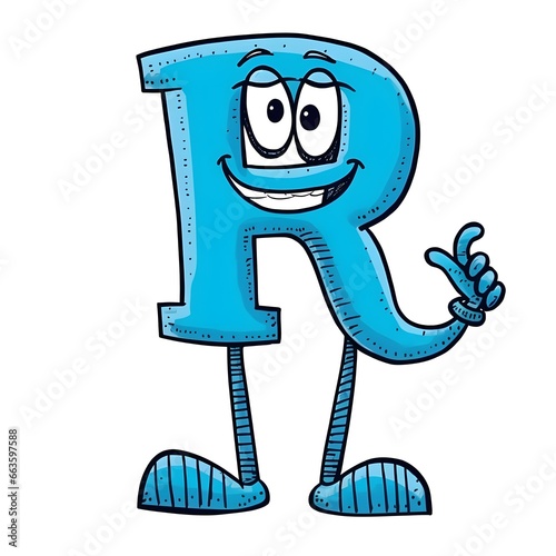  alphabet blue letter R with arm leg and cute eyes cartoon character