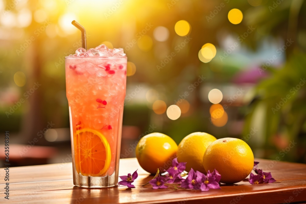 A refreshing glass of passion fruit tea sitting on a rustic wooden table, surrounded by lush greenery and vibrant passion fruits under the warm summer sun A refreshing glass of passion fruit tea sitting on a rustic wooden table, surrounded by lush greenery and vibrant passion fruits under the warm summer sun