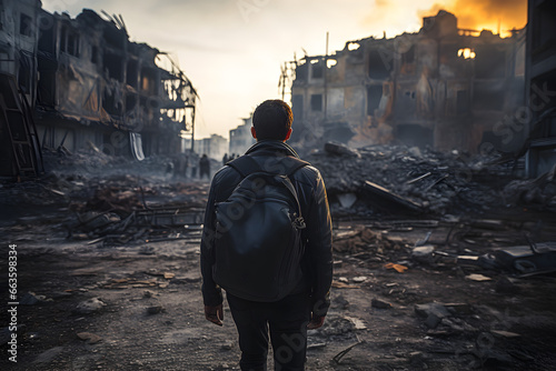 Sad man with backpack in destroyed city during war.