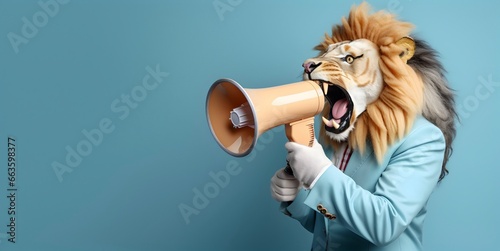 Lion announcing using hand speaker. Notifying, warning, announcement.