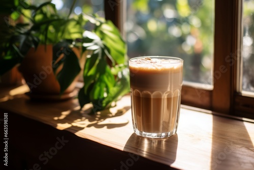 A refreshing glass of Horchata Latte on a rustic wooden table, bathed in the warm glow of afternoon sunlight filtering through a nearby window