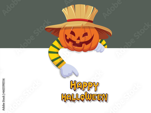 Happy halloween Jack o Lantern Pumpkin cartoon character above a sign pointing at it.