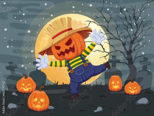 Jack o Lantern Pumpkin with halloween moon night background. Vector clipart illustration.