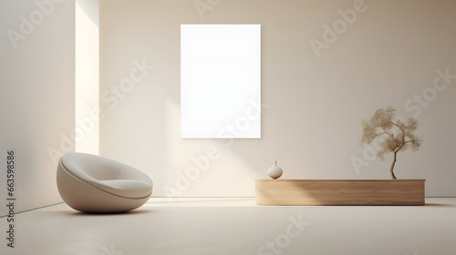 mockup of a painting in a minimalist living room with a modern sofa and a wooden furniture