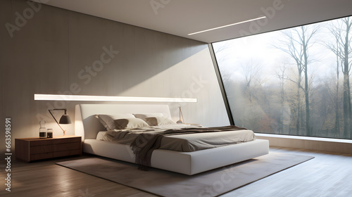 large minimalist and modern bedroom with beautiful views of a forest