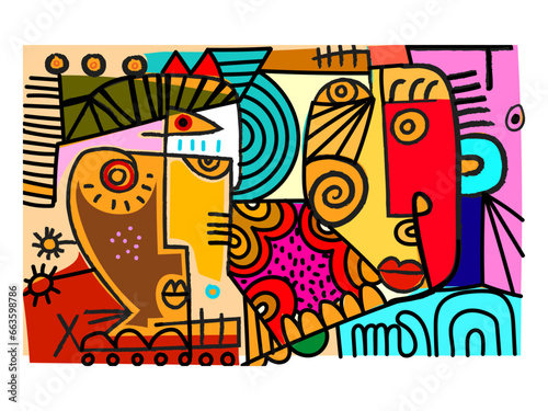 Colorful abstract faces portrait line art decorative hand drawn vector illustration wall art, cover, poster, cards, prints design.