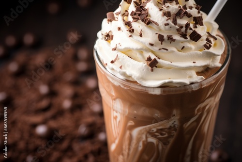 A delicious close-up shot of a creamy chocolate malt shake, topped with whipped cream and garnished with a sprinkle of cocoa powder