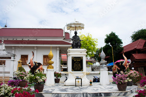 Statue of King Naresuan Great or Somdet Phra Naresuan Maharat monument for thai people travel visit and respect praying blessing wish at Wat Khao Din Temple on October 7, 2023 in Suphan Buri, Thailand photo