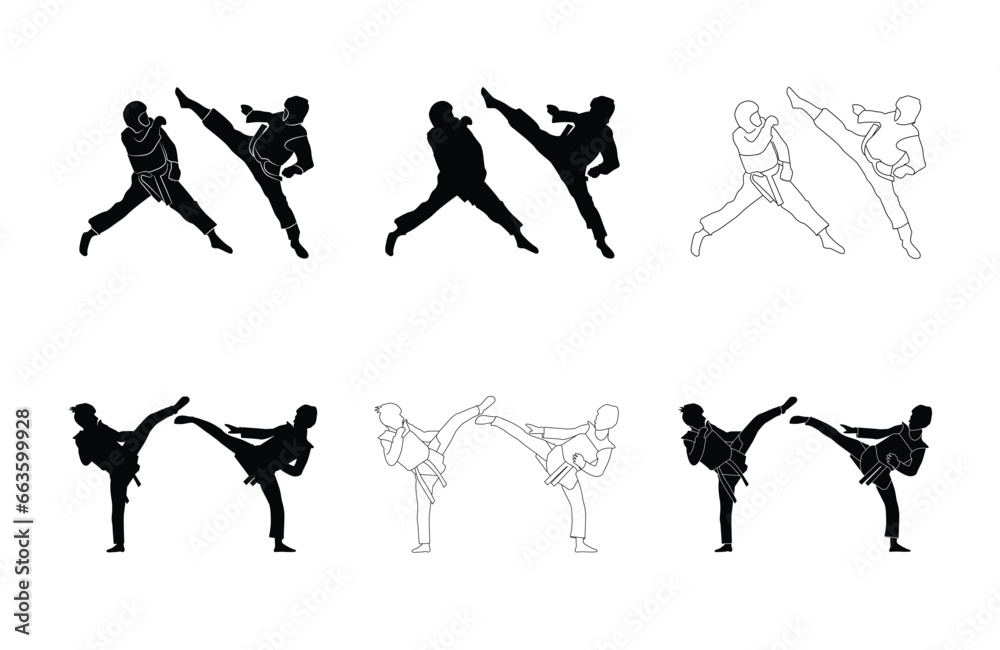 set of taekwondo silhouette vector. Boxing and competition silhouettes vector image, Boxing black white elements set with fighter sports clothing isolated,