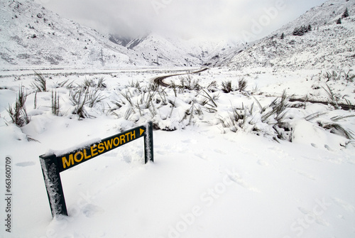 Fresh snow on sign posts, Molesworth road to Hamner Springs, South Island, New Zealand