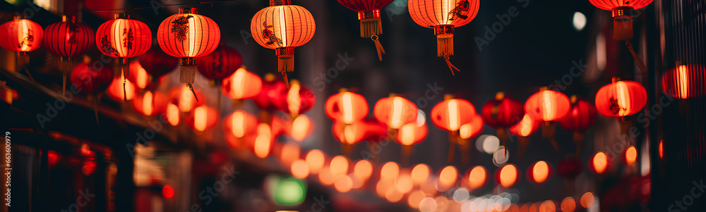 Obraz premium Red Chinese lantern with asian flowers. Chinese New Year. Decorative background.