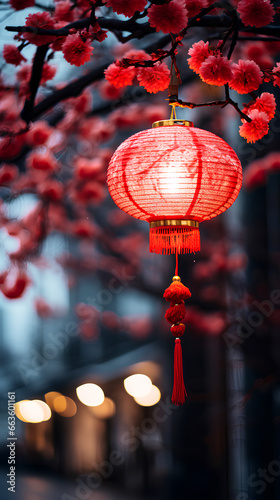 Red Chinese lantern with asian flowers. Chinese New Year. Decorative background.