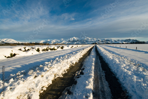 Fresh snow on farmland near Mt Hutt, Arthur's Pass, Canterbury Plains, South Island, New Zealand
