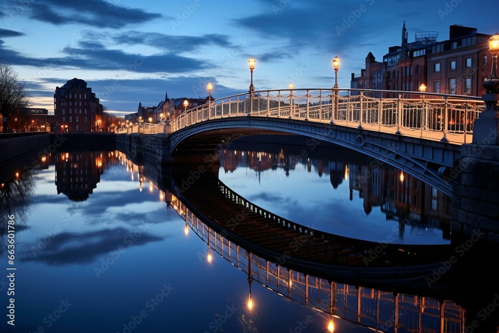 Fototapeta premium Dusk-time bridge spanning Liffey River in Dublin, Ireland. Generative AI