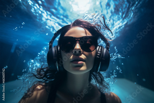 Young woman in sunglasses and headphones underwater. 